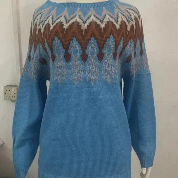 Round neck colorblock loose casual pullover sweater - Picture 2 of 2